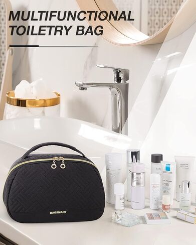 حقيبة أدوات الزينة للسفر للنساء من باغسمارت، حقيبة أدوات الزينة كبيرة جدًا، مستلزمات السفر المقاومة للماء، حقيبة مكياج مستحضرات التجميل بسحاب مزدوج الاتجاه مع مقبض حمل، حقيبة سفر لأدوات الزينة - وردي in Kuwait