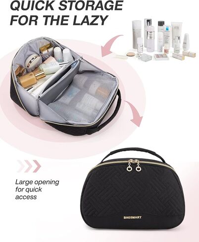 حقيبة أدوات الزينة للسفر للنساء من باغسمارت، حقيبة أدوات الزينة كبيرة جدًا، مستلزمات السفر المقاومة للماء، حقيبة مكياج مستحضرات التجميل بسحاب مزدوج الاتجاه مع مقبض حمل، حقيبة سفر لأدوات الزينة - وردي in Kuwait