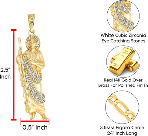 Luxe & Co. Jewelry Saint Jude XL Diamond 24" Necklace 14K Gold Plated Figaro - San Judas Tadeo Medalla 14K Oro Laminado- San Judas Tadeo Cadena in Kuwait