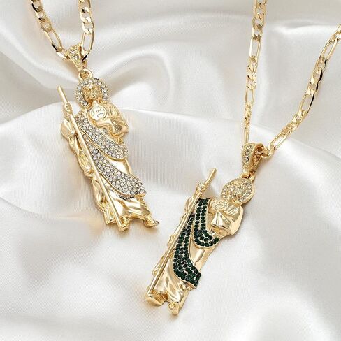 Luxe & Co. Jewelry Saint Jude XL Diamond 24" Necklace 14K Gold Plated Figaro - San Judas Tadeo Medalla 14K Oro Laminado- San Judas Tadeo Cadena in Kuwait