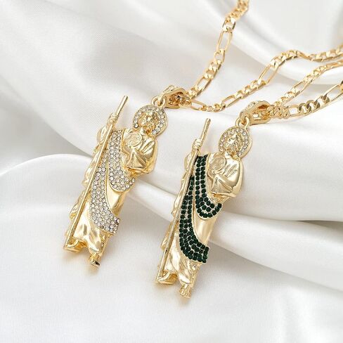 Luxe & Co. Jewelry Saint Jude XL Diamond 24" Necklace 14K Gold Plated Figaro - San Judas Tadeo Medalla 14K Oro Laminado- San Judas Tadeo Cadena in Kuwait