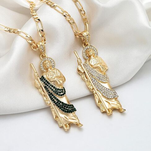 Luxe & Co. Jewelry Saint Jude XL Diamond 24" Necklace 14K Gold Plated Figaro - San Judas Tadeo Medalla 14K Oro Laminado- San Judas Tadeo Cadena in Kuwait