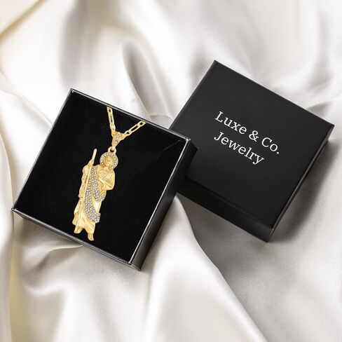 Luxe & Co. Jewelry Saint Jude XL Diamond 24" Necklace 14K Gold Plated Figaro - San Judas Tadeo Medalla 14K Oro Laminado- San Judas Tadeo Cadena in Kuwait