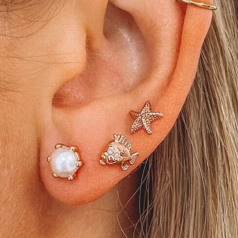 Pura Vida Rose Gold-Plated Disney Little Mermaid Stud Earring Pack - Assorted Designs, Sterling Silver Posts - 6 Studs in Saudi Arabia