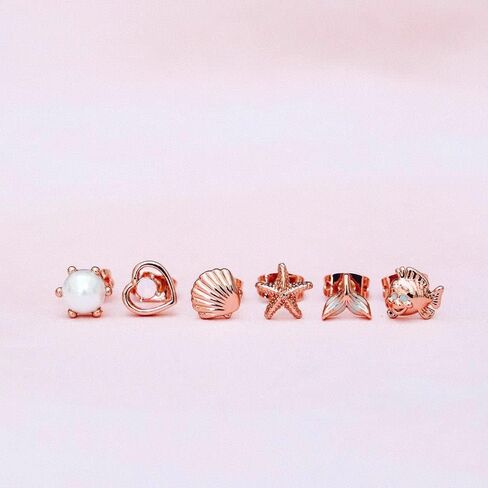 Pura Vida Rose Gold-Plated Disney Little Mermaid Stud Earring Pack - Assorted Designs, Sterling Silver Posts - 6 Studs in Saudi Arabia