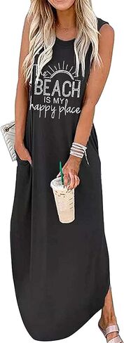 Women's Casual Beach Summer Dresses Sleeveless Graphic Long Sundress Cover Up Dresses with Pocket in Kuwait