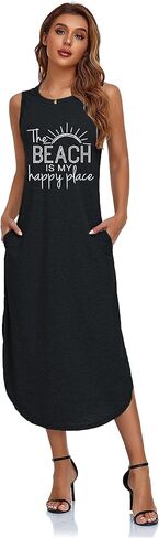 Women's Casual Beach Summer Dresses Sleeveless Graphic Long Sundress Cover Up Dresses with Pocket in Kuwait