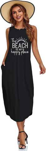 Women's Casual Beach Summer Dresses Sleeveless Graphic Long Sundress Cover Up Dresses with Pocket in Kuwait