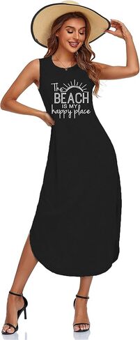 Women's Casual Beach Summer Dresses Sleeveless Graphic Long Sundress Cover Up Dresses with Pocket in Kuwait
