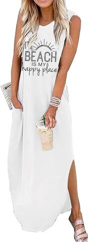 Women's Casual Beach Summer Dresses Sleeveless Graphic Long Sundress Cover Up Dresses with Pocket in Kuwait