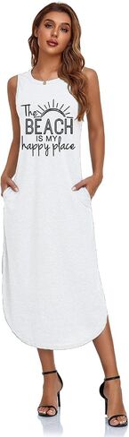 Women's Casual Beach Summer Dresses Sleeveless Graphic Long Sundress Cover Up Dresses with Pocket in Kuwait