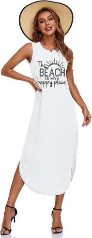 Women's Casual Beach Summer Dresses Sleeveless Graphic Long Sundress Cover Up Dresses with Pocket in Kuwait