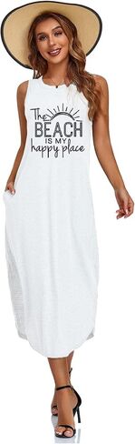 Women's Casual Beach Summer Dresses Sleeveless Graphic Long Sundress Cover Up Dresses with Pocket in Kuwait