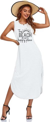 Women's Casual Beach Summer Dresses Sleeveless Graphic Long Sundress Cover Up Dresses with Pocket in Kuwait