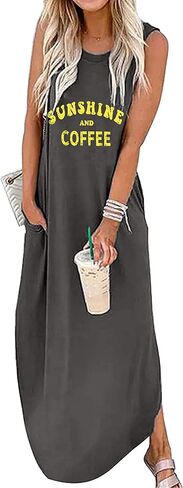 Women's Casual Beach Summer Dresses Sleeveless Graphic Long Sundress Cover Up Dresses with Pocket in Kuwait