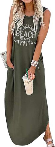 Women's Casual Beach Summer Dresses Sleeveless Graphic Long Sundress Cover Up Dresses with Pocket in Kuwait