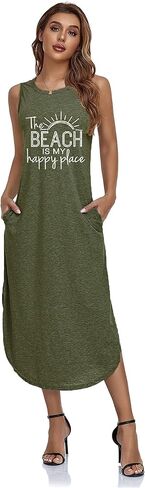 Women's Casual Beach Summer Dresses Sleeveless Graphic Long Sundress Cover Up Dresses with Pocket in Kuwait