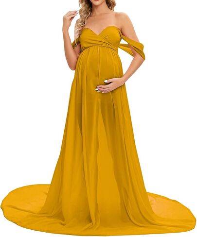 ZIUMUDY Maternity Maxi Chiffon Gown for Photoshoot Photography Off Shoulder Wraped Sheer Chiffon Dress in Kuwait