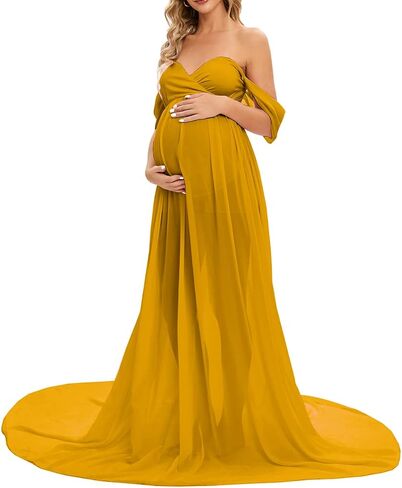 ZIUMUDY Maternity Maxi Chiffon Gown for Photoshoot Photography Off Shoulder Wraped Sheer Chiffon Dress in Kuwait