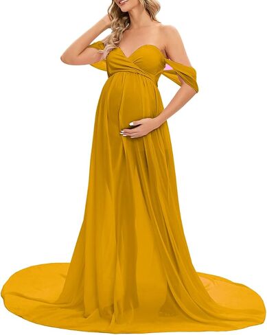 ZIUMUDY Maternity Maxi Chiffon Gown for Photoshoot Photography Off Shoulder Wraped Sheer Chiffon Dress in Kuwait