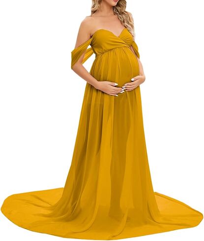 ZIUMUDY Maternity Maxi Chiffon Gown for Photoshoot Photography Off Shoulder Wraped Sheer Chiffon Dress in Kuwait