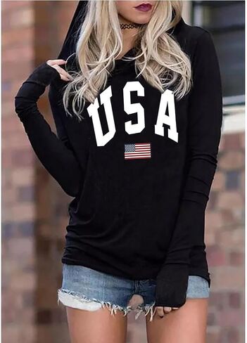 Susongeth American Flag Hoodie for Women 4th of July Patriotic Long Sleeve Shirt Independence Day USA Flag Pullover Tops in Kuwait