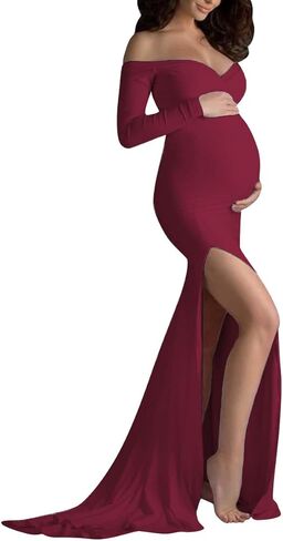 Women's Off Shoulder Maternity Dress Cross-Front V Neck Sleeveless Casual Photography Maxi Split Gown for Photoshoot in Saudi Arabia
