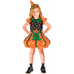 فستان Usview Halloween Pumpkin Witch للفتيات باللون البرتقالي والأخضر والأسود مع قبعة صغيرة، مجموعة تنورة اليقطين اللطيفة للأطفال in Kuwait