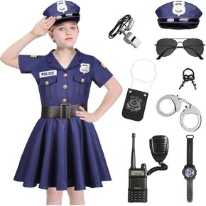 KFVZIU Halloween Police Officer Costume Dress Girls Kids Cop Thief Cosplay Outfits with 9 Pcs Accessories