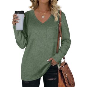 Geifa Womens Long Sleeve V Neck Tunic Tops Loose Casual Shirts Fashion 2023 with Pocket