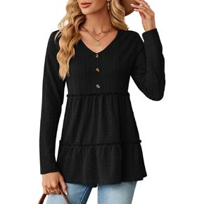 ELFTOWN Women's V Neck Long Sleeve Blouse Tunic Tops Casual Loose Button Front Ruffle Hem Babydoll Shirts