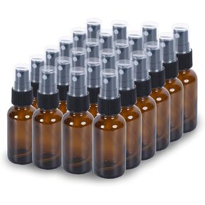 2oz Glass Spray Bottle, Fine Mist Boston Glass Bottles with Black Fine Mist Sprayer Small Clear Bottles for Essential Oils, Bath, Beauty, Hair & Cleaning, Amber, Pack of 24