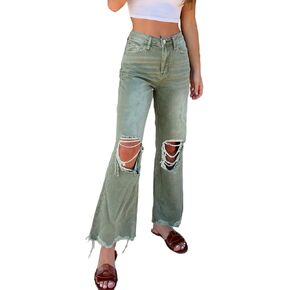 Djeanxa Women's High Waisted Ripped Flare Jeans Baggy Distressed Irregular Hem Wide Leg Bell Bottom Denim Pant