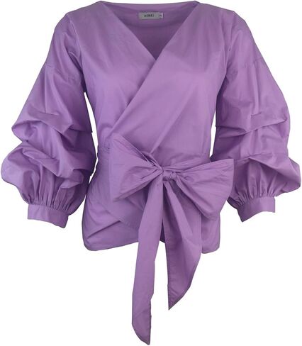 AOMEI Women Spring Summer Blouses with Puff Sleeve Sashes Shirts Tops in Kuwait