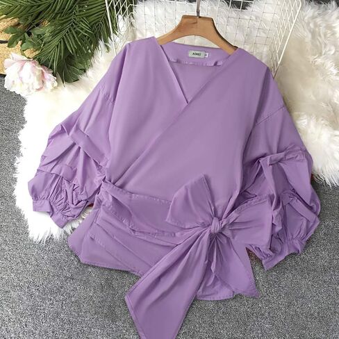 AOMEI Women Spring Summer Blouses with Puff Sleeve Sashes Shirts Tops in Kuwait