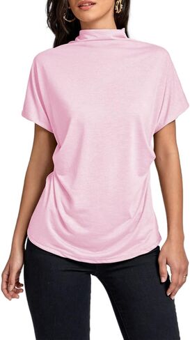 LYANER Women's Casual Mock Neck Ruffle Short Sleeve Summer Blouse Shirt Top in Kuwait