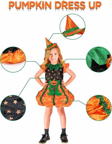 فستان Usview Halloween Pumpkin Witch للفتيات باللون البرتقالي والأخضر والأسود مع قبعة صغيرة، مجموعة تنورة اليقطين اللطيفة للأطفال in Kuwait