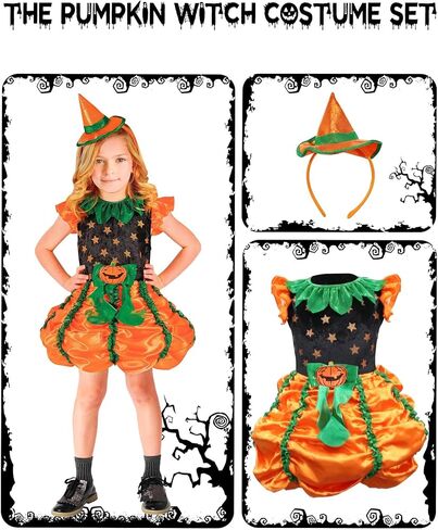 فستان Usview Halloween Pumpkin Witch للفتيات باللون البرتقالي والأخضر والأسود مع قبعة صغيرة، مجموعة تنورة اليقطين اللطيفة للأطفال in Kuwait
