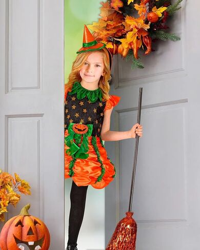 فستان Usview Halloween Pumpkin Witch للفتيات باللون البرتقالي والأخضر والأسود مع قبعة صغيرة، مجموعة تنورة اليقطين اللطيفة للأطفال in Kuwait