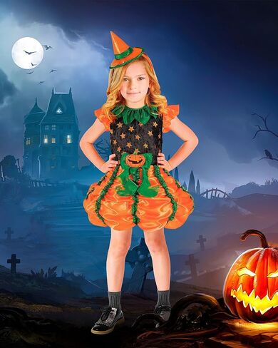 فستان Usview Halloween Pumpkin Witch للفتيات باللون البرتقالي والأخضر والأسود مع قبعة صغيرة، مجموعة تنورة اليقطين اللطيفة للأطفال in Kuwait