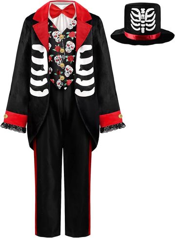 زي مارياتشي للأطفال من ReliBeauty Day of The Dead مع ياقة وقبعة وهمية، أسود in Kuwait