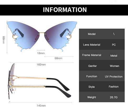 YAMEIZE Fashion Butterfly Rimless Sunglasses for Women Vintage Metal Frame Eyewear UV Protection in Kuwait