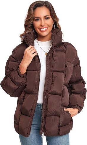 Epsion Womens Winter Casual Puffer Jacket Padded Long Sleeve Full Zipper Stand Collar Pockets Quilted Coats Outwear in Kuwait
