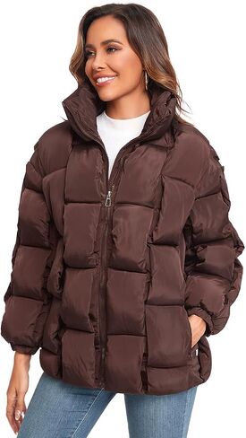 Epsion Womens Winter Casual Puffer Jacket Padded Long Sleeve Full Zipper Stand Collar Pockets Quilted Coats Outwear in Kuwait