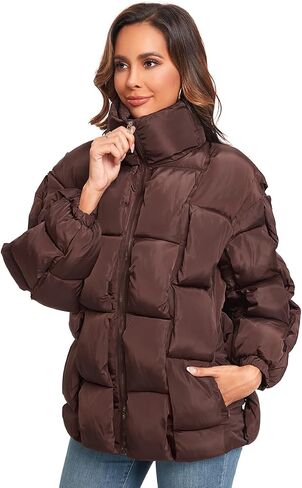 Epsion Womens Winter Casual Puffer Jacket Padded Long Sleeve Full Zipper Stand Collar Pockets Quilted Coats Outwear in Kuwait