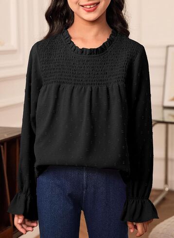 bilbean Girls Elegant Polked Swiss Dot Long Sleeve Shirts Tops 6-15 Years in Kuwait