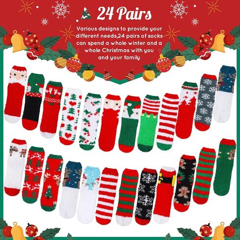 SATINIOR, 24 Pairs Christmas Fuzzy Socks Winter Warm Cozy Slipper Socks Xmas Coral Fleece Socks Colorful Moose Santa Crew Socks Sleep Socks for Women Girls, US women size 5-10 in Saudi Arabia