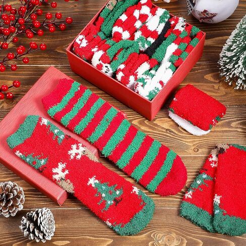 SATINIOR, 24 Pairs Christmas Fuzzy Socks Winter Warm Cozy Slipper Socks Xmas Coral Fleece Socks Colorful Moose Santa Crew Socks Sleep Socks for Women Girls, US women size 5-10 in Saudi Arabia