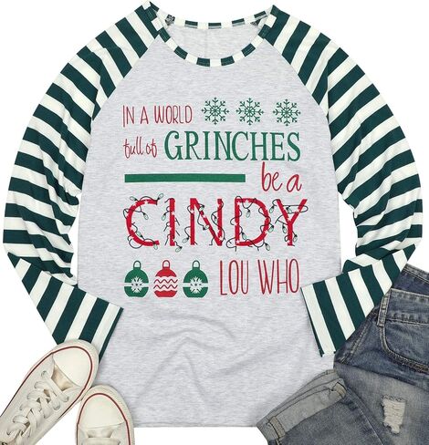 MNLYBABY Be A Cindy Lou Who تي شيرت تي شيرت عيد الميلاد راجلان كم طويل بلايز الربط البيسبول تي شيرت للنساء in Saudi Arabia