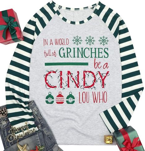 MNLYBABY Be A Cindy Lou Who تي شيرت تي شيرت عيد الميلاد راجلان كم طويل بلايز الربط البيسبول تي شيرت للنساء in Saudi Arabia